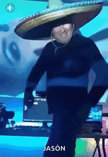 a man wearing a sombrero with the name jason written on the bottom