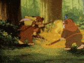 a cartoon of two bears fighting each other with a fire in the background