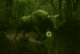 a green bull with a yellow coin around its neck that says 羊