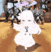 a girl in a white dress is standing in front of a bunch of robots