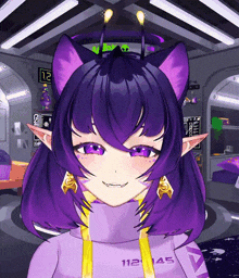 a cartoon character with purple hair and a sweater that says ' 1120145 ' on it