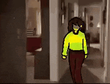 a pixel art of a person walking down a hallway in a house .