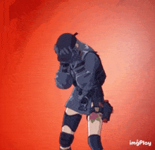 a cartoon character is standing on a red background holding a gun .