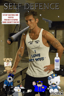 a man in a tank top that says self defence