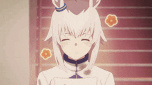 a cartoon character with white hair and a flower on her head