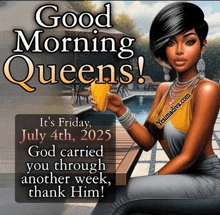 a poster that says " good morning queens " with a woman holding a cup of orange juice