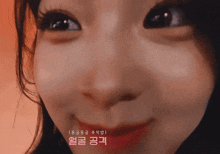 a close up of a woman 's face with korean writing on the bottom right