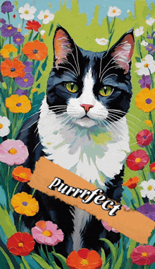 a painting of a black and white cat surrounded by colorful flowers with the word purrfect on the bottom