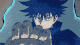 a pixel art drawing of a person with blue hair and blue eyes
