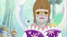 a cartoon of a woman wearing a mask and a purple top