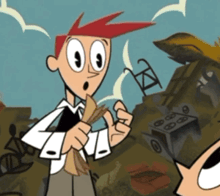 a cartoon character is holding a pair of glasses