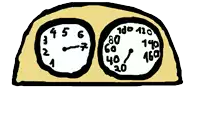 a cartoon drawing of a dashboard with a clock and a gauge that says 140 on it