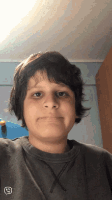 a young boy wearing a grey sweatshirt with an x on the chest