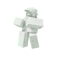 a white roblox character with a sad face and a hat is dancing .