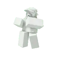 a white roblox character with a sad face and a hat is dancing .