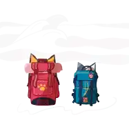 a pink and a blue backpack with cat ears and paw prints