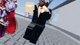 a girl with red hair is standing next to a roblox character wearing a black shirt that says " dont "