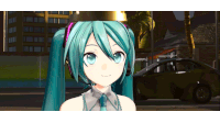 hatsune miku wearing a crown and headphones is standing in front of a car