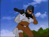 a cartoon of a man holding a gun with the letter o on it