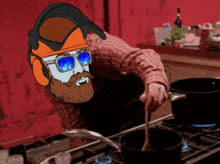 a cartoon of a man with a beard and blue sunglasses cooking