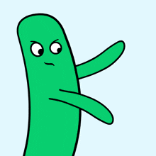 a cartoon drawing of a green stick with an angry look on his face