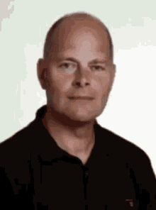 a bald man wearing a black polo shirt is looking at the camera .