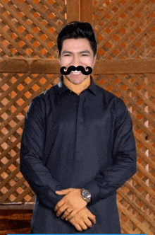 a man with a fake mustache on his face stands in front of a wooden fence