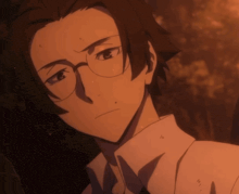 a close up of a person 's face with glasses and a white shirt