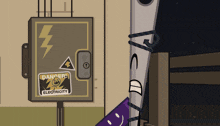 a cartoon drawing of an electrical box with a danger sticker on it