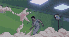 a man is running in a room with smoke coming out of the ceiling .