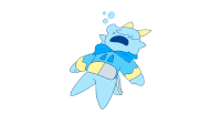 a blue and yellow cartoon character is laying down with bubbles around his head