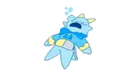 a blue and yellow cartoon character is laying down with bubbles around his head