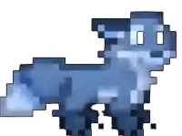a pixel art drawing of a cat with a blue tail