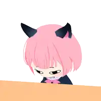 a girl with pink hair and black ears is looking down