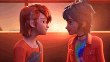 two cartoon characters are looking at each other with a sunset in the background