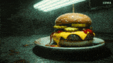 a hamburger with ketchup and pickles sits on a white plate with luma written on the bottom