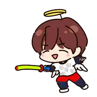 a cartoon drawing of a boy with a halo on his head holding a water gun