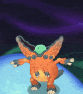 a cartoon character with a green head is standing on a blue surface with its arms outstretched