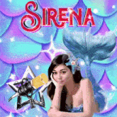 a woman in a mermaid costume is holding a microphone in front of a sirena sign