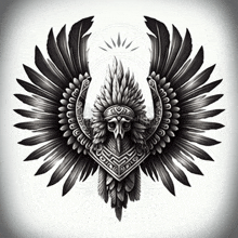 a black and white drawing of a bird with feathers on its wings