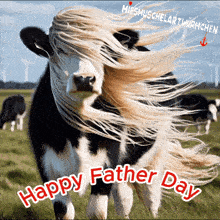 a picture of a cow with long hair and the words " happy father day "