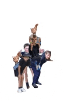 a group of people standing next to each other with chickens on their shoulders