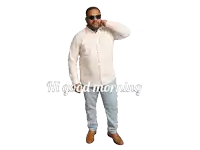 a man wearing sunglasses and a white shirt is standing in a living room with the words hi good morning written on the bottom