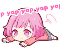 a little girl with pink hair is laying on her stomach with the words " p yap yap yap yap " written above her