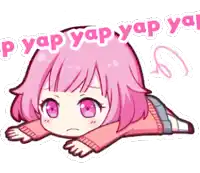 a little girl with pink hair is laying on her stomach with the words " p yap yap yap yap " written above her