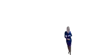 a woman in a blue dress is standing in front of a white background and dancing .