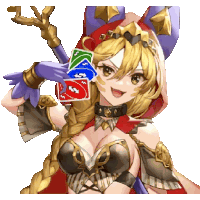 a girl with a red hood is holding a uno card in her hand