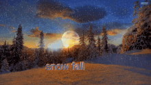 a picture of a snowy forest with the words snow fall on the bottom