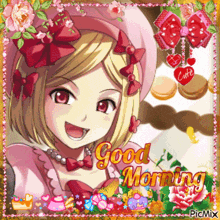 a picture of a girl with flowers and the words good morning