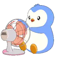 a blue and white penguin is sitting next to a pink fan